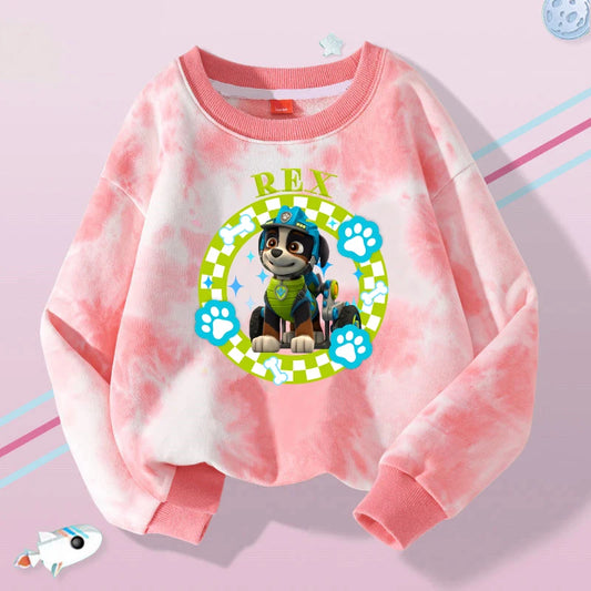Pull Pat Patrouille tie-dye rose, col rond, manches longues, imprimé Rex et patte