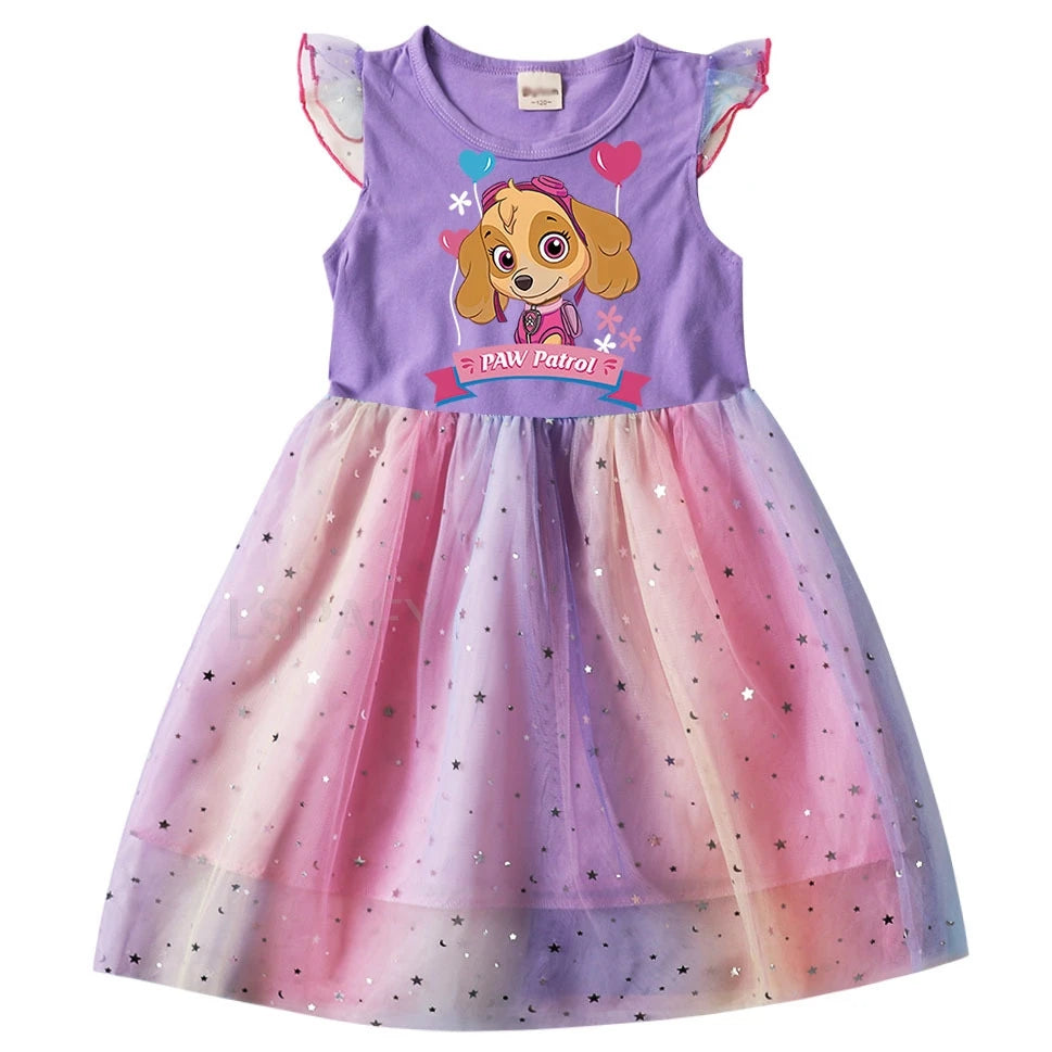 Robe Pat' Patrouille pour fille, haut violet imprimé Stella dans un cœur et jupe en tulle arc-en-ciel