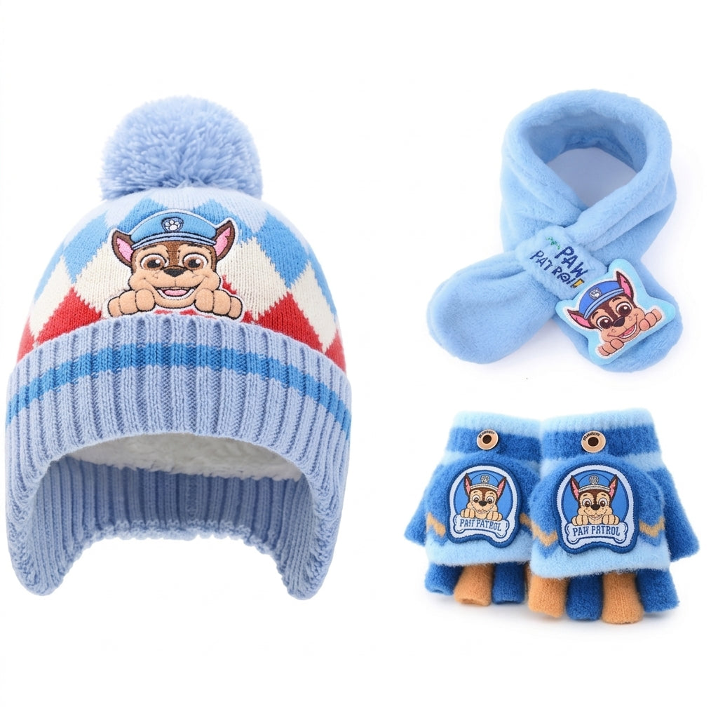 Ensemble 3 pièces Pat' Patrouille : bonnet à pompon, écharpe peluche et mitaines bleus, Chase