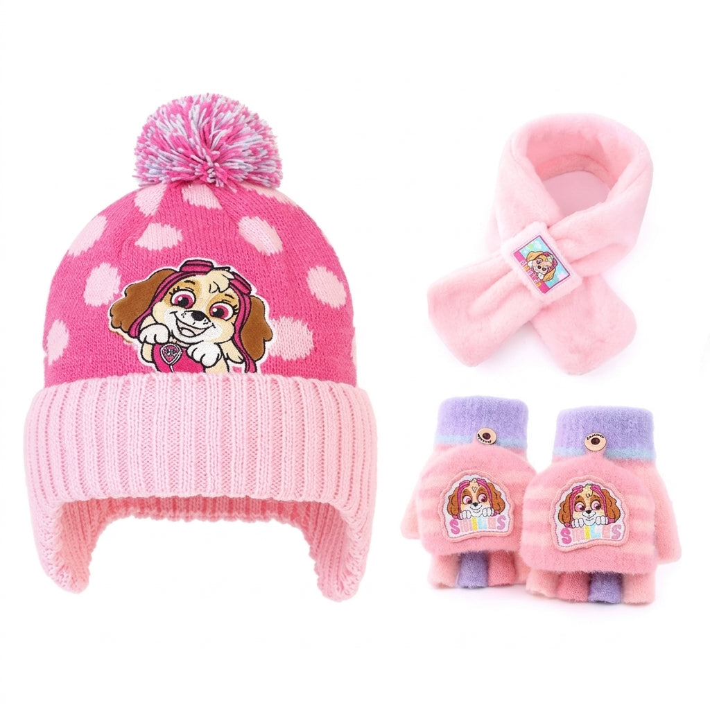 Ensemble 3 pièces Pat' Patrouille : bonnet à pompon rose à pois, écharpe peluche et mitaines, Stella
