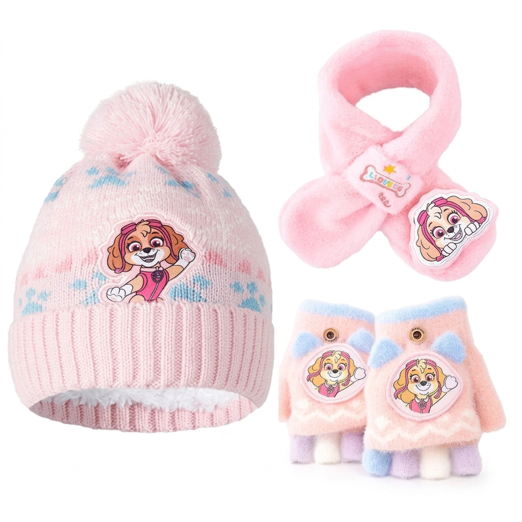 Ensemble 3 pièces Pat' Patrouille : bonnet à pompon, écharpe peluche et mitaines rose pâle, écussons Stella