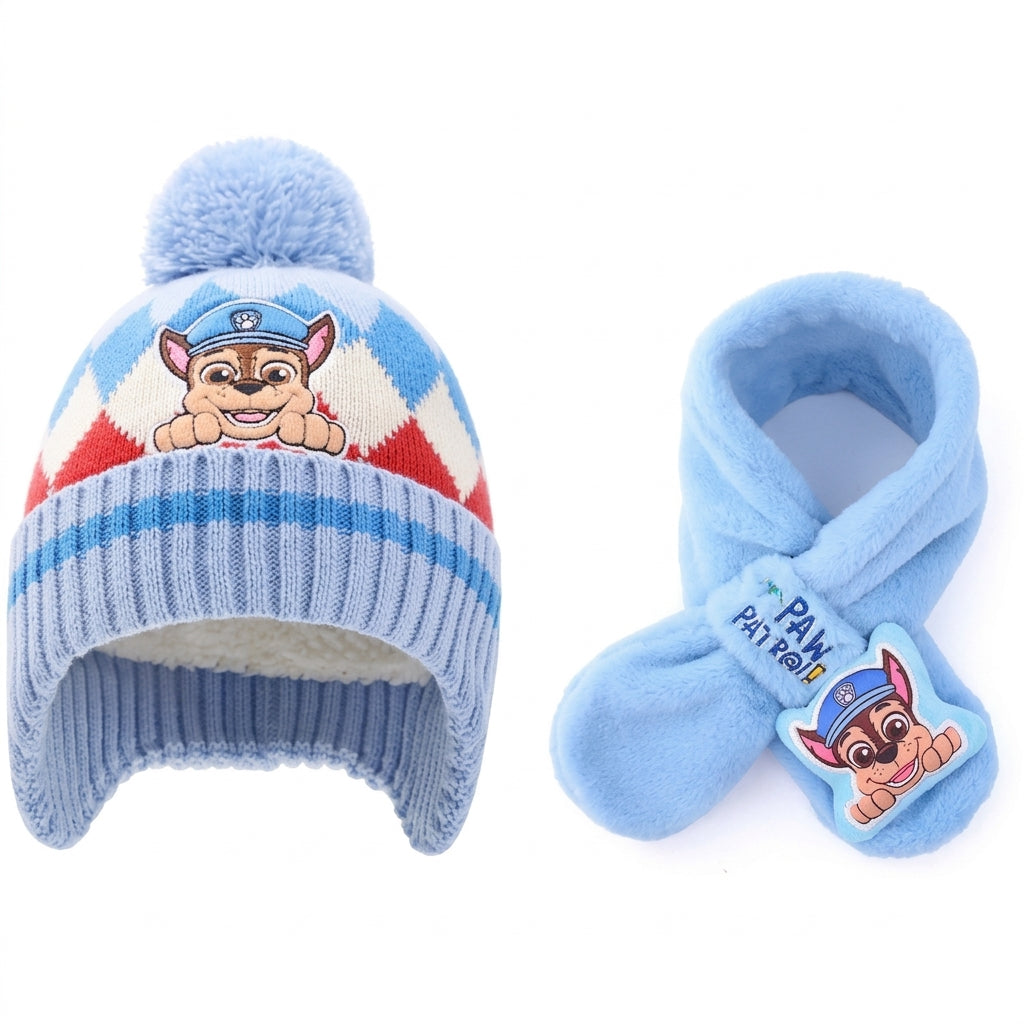 Bonnet à pompon bleu à rabats et écharpe peluche bleue Pat' Patrouille, Chase en jacquard