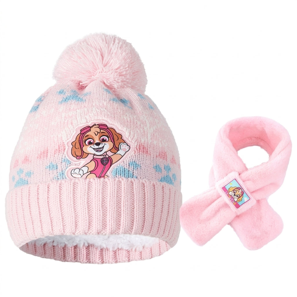Bonnet à pompon rose pâle et écharpe peluche assortie Pat' Patrouille, écussons Stella