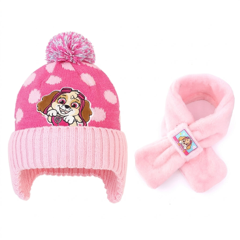Bonnet à pompon rose à pois et écharpe peluche rose Pat' Patrouille, Stella en jacquard