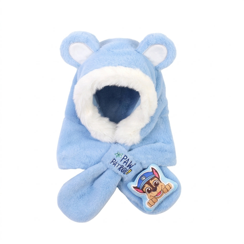 Cagoule peluche Pat' Patrouille bleue à petites oreilles, écusson Chase