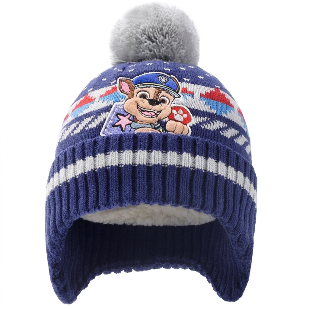 Bonnet tricoté Pat' Patrouille bleu nuit à pompon et rabats d'oreilles, Chase en jacquard