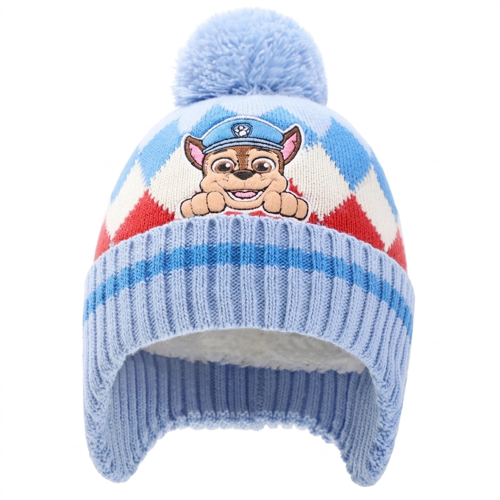 Bonnet tricoté Pat' Patrouille bleu à pompon et rabats d'oreilles, Chase en jacquard