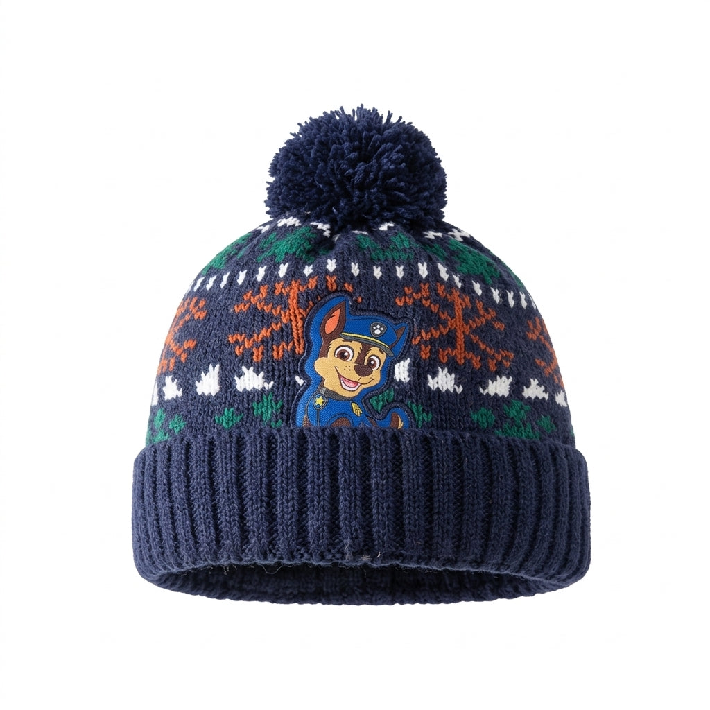 Bonnet tricoté Pat' Patrouille bleu marine à pompon, Chase en jacquard, porté par un enfant