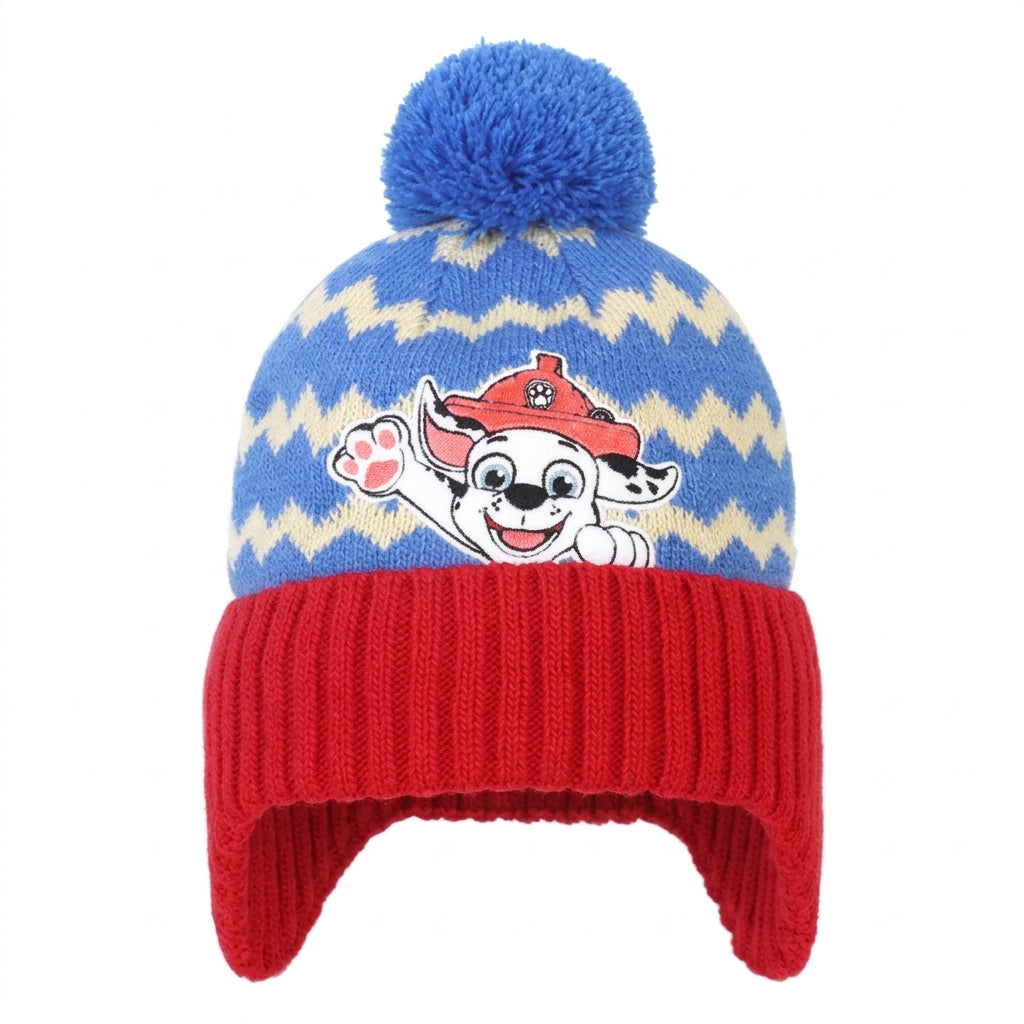 Bonnet tricoté Pat' Patrouille rouge à pompon et cache-oreilles, Marcus en jacquard
