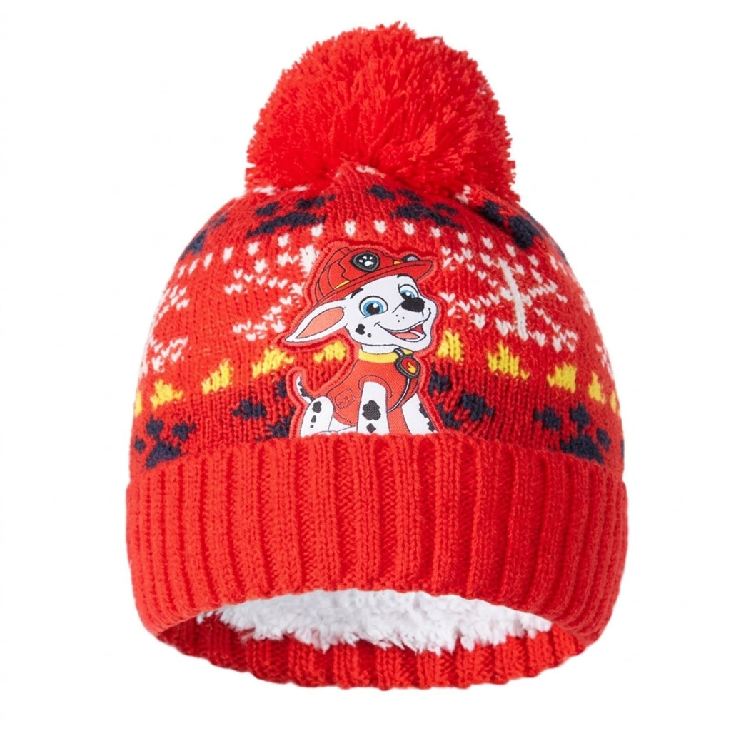 Bonnet tricoté Pat' Patrouille rouge à pompon, Marcus en jacquard
