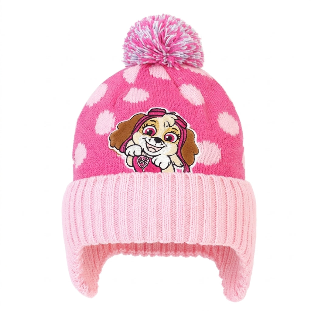 Bonnet tricoté Pat' Patrouille rose à pompon et cache-oreilles, Stella en jacquard