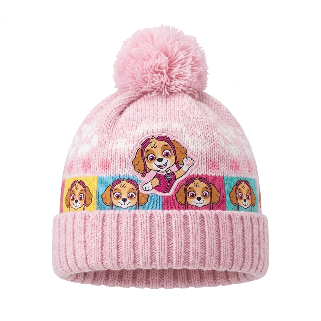 Bonnet tricoté Pat' Patrouille rose à pompon, Stella en jacquard, porté par une enfant