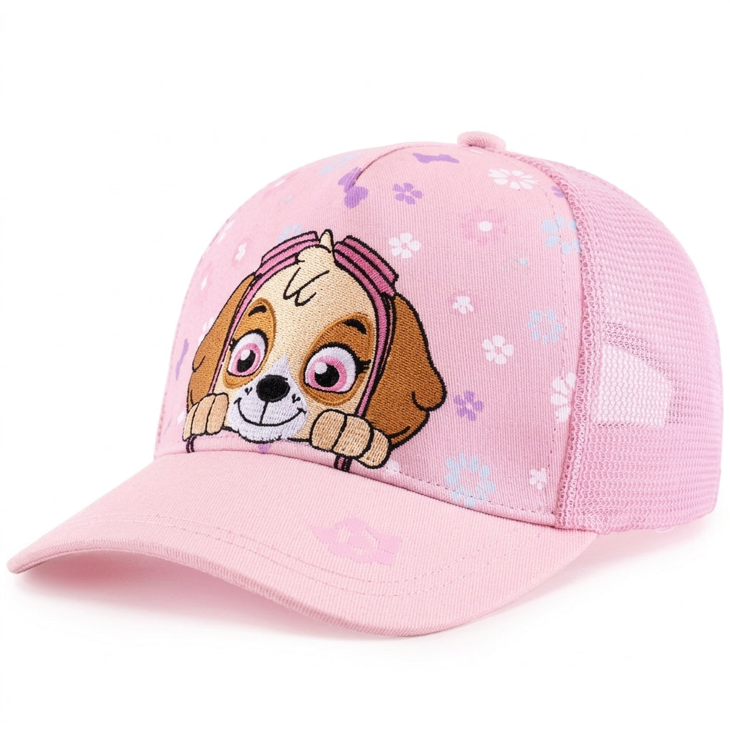 Casquette Pat' Patrouille rose pâle à petites fleurs, Stella brodée sur le devant, filet arrière