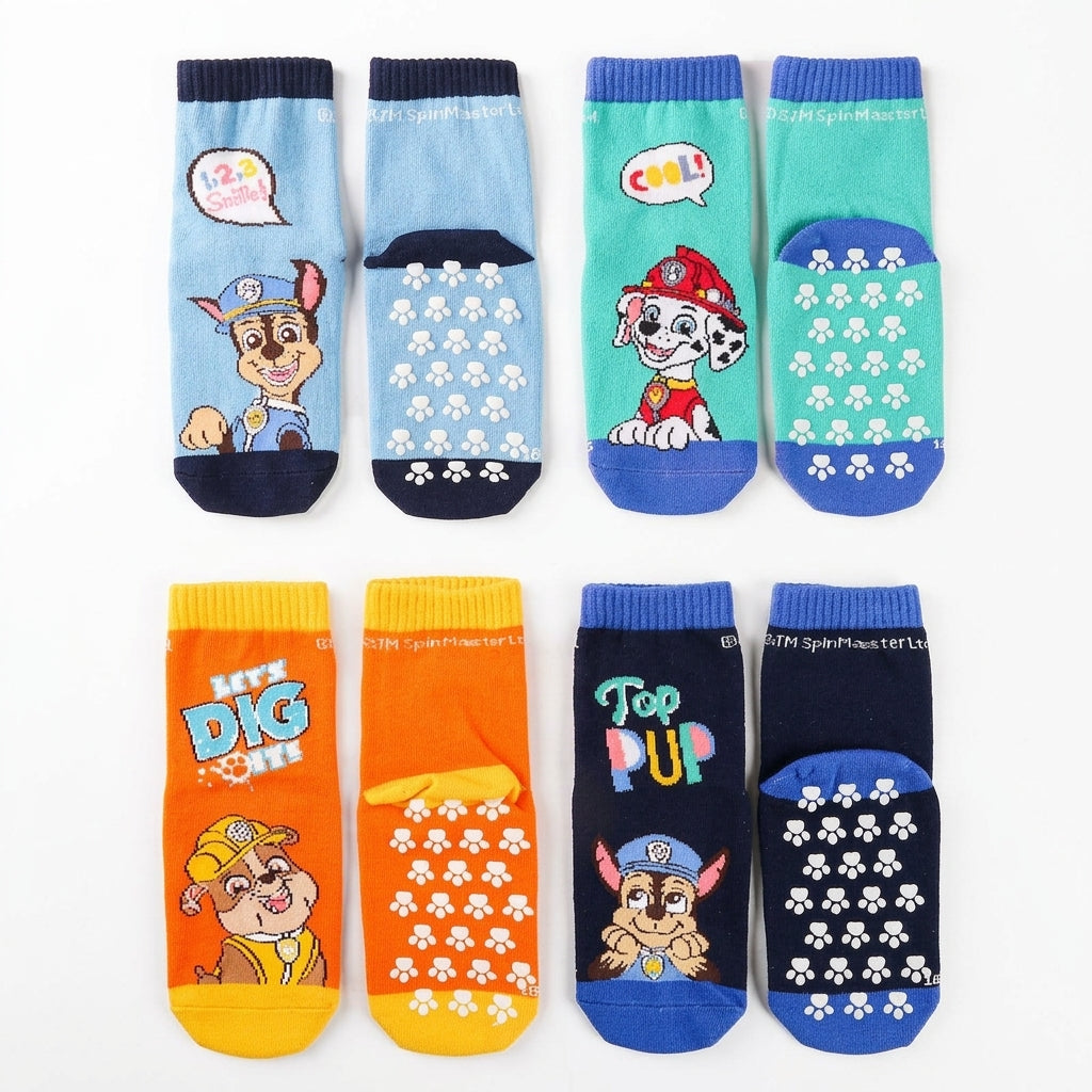 Lot de 4 paires de chaussettes antidérapantes Pat' Patrouille, bleu ciel, turquoise et marine, chiots imprimés