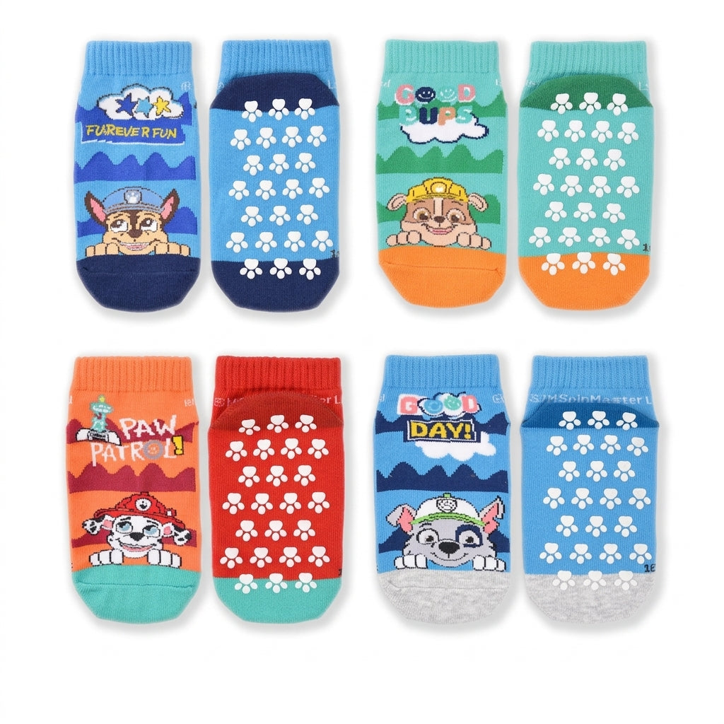 Lot de 4 paires de chaussettes antidérapantes Pat' Patrouille, bleu, bleu ciel et orange, chiots imprimés
