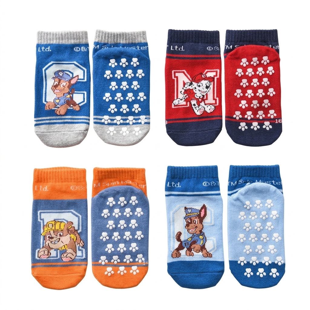 Lot de 4 paires de chaussettes antidérapantes Pat' Patrouille, bleu, rouge et orange, chiots imprimés