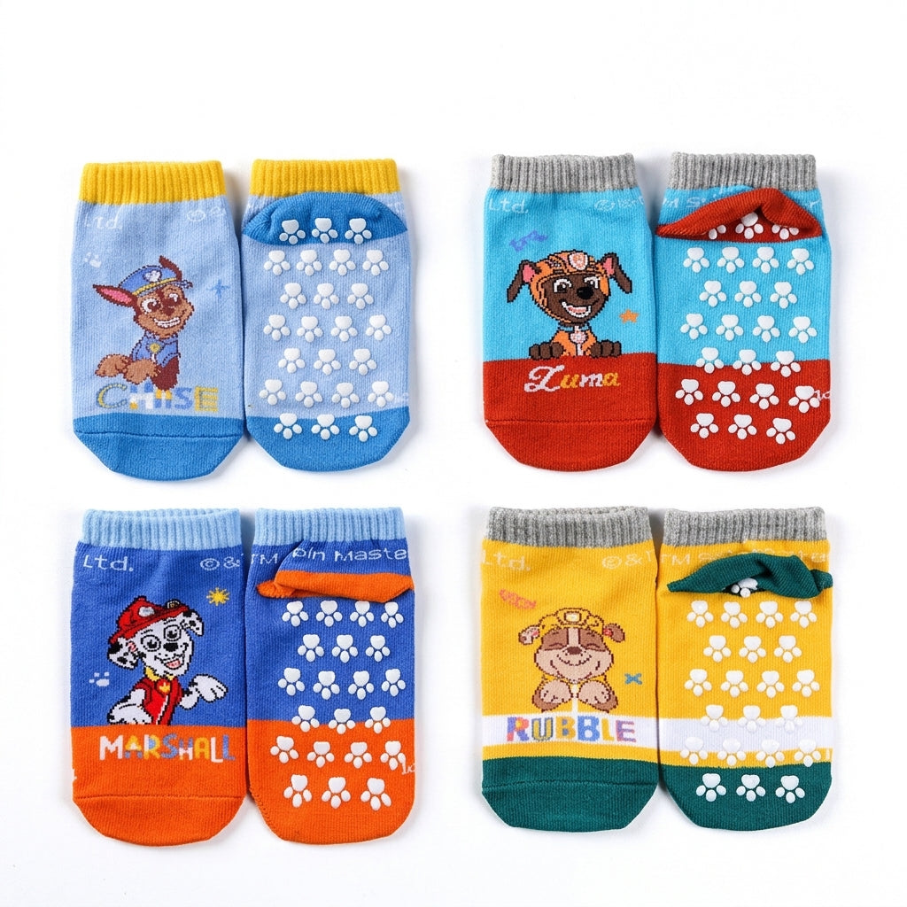 Lot de 4 paires de chaussettes antidérapantes Pat' Patrouille, bleu, jaune et orange, chiots imprimés
