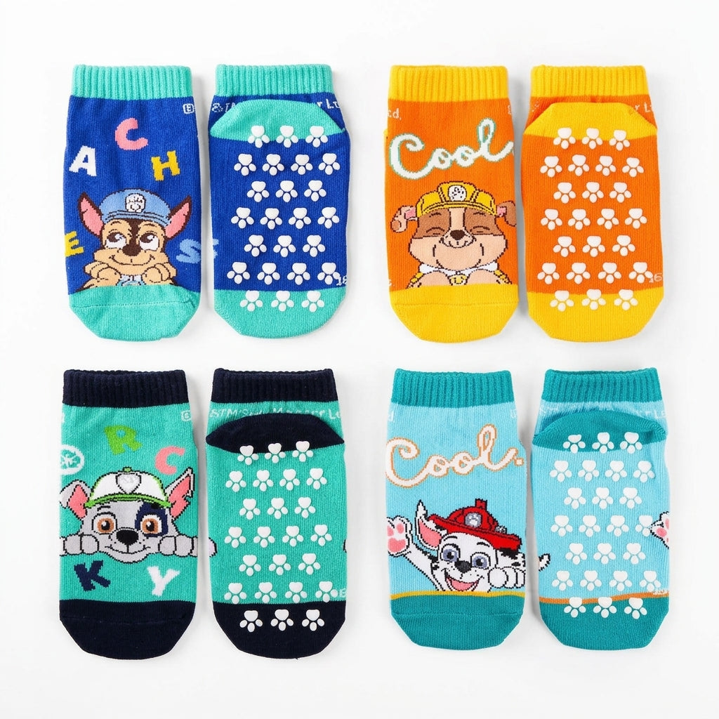 Lot de 4 paires de chaussettes antidérapantes Pat' Patrouille, turquoise, orange et bleu, chiots imprimés