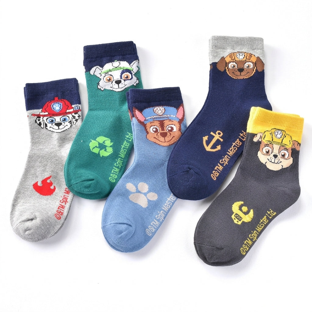 Chaussettes Pat' Patrouille pour enfant, lot de 5 paires : cinq paires bleu et gris, Marcus, Rocky, Chase, Zuma et Ruben avec leurs écussons