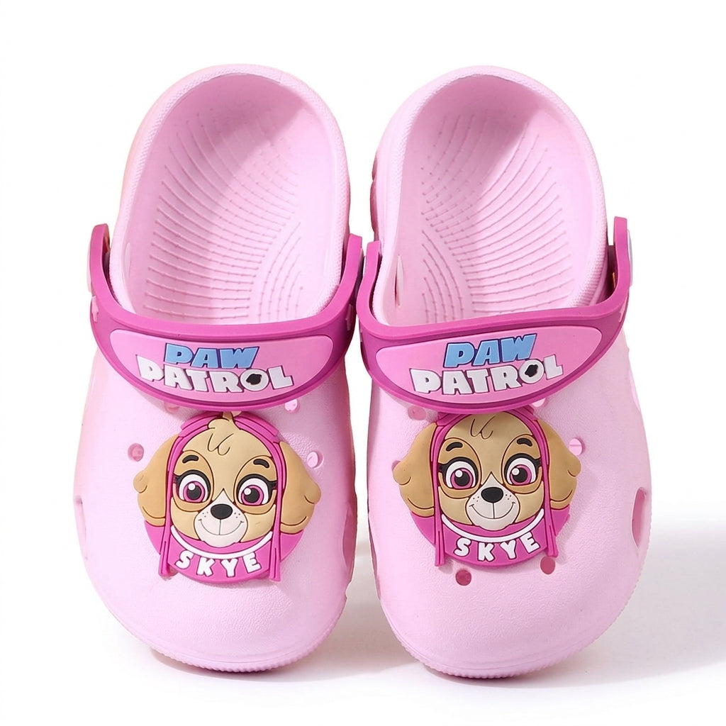 Sabots à trous Pat' Patrouille rose pâle, écusson Stella et sangle Paw Patrol fuchsia
