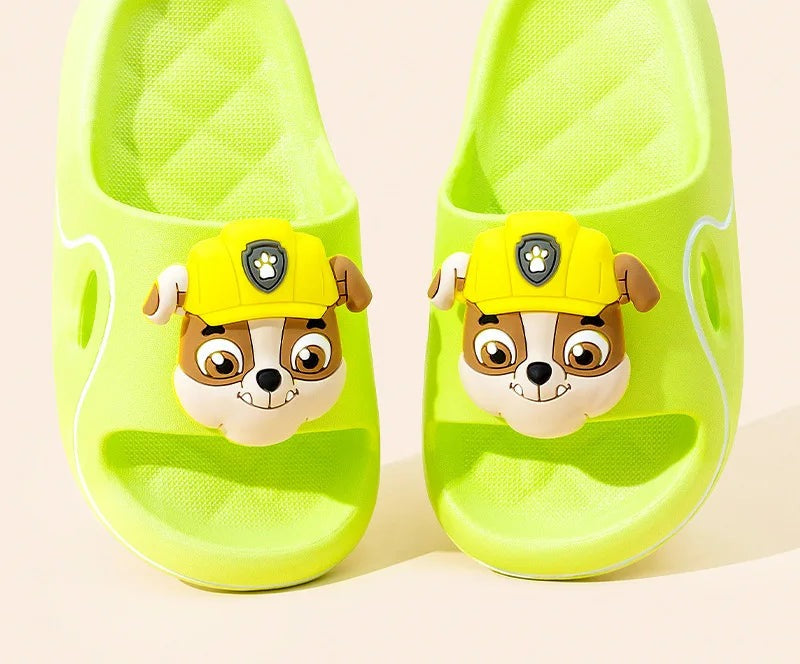 Claquettes enfant en plastique jaune fluo Pat Patrouille Ruben le bulldog, à scratch noir