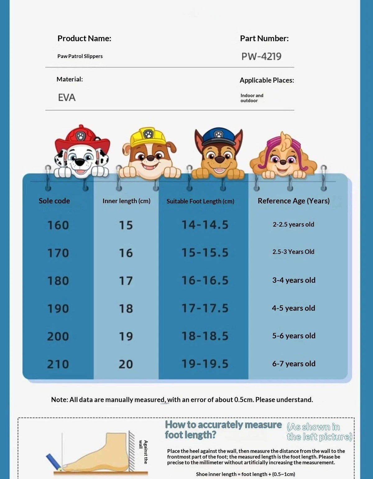 Tableau des pointures pour claquettes EVA Pat Patrouille aviatrice (15 à 20 cm)