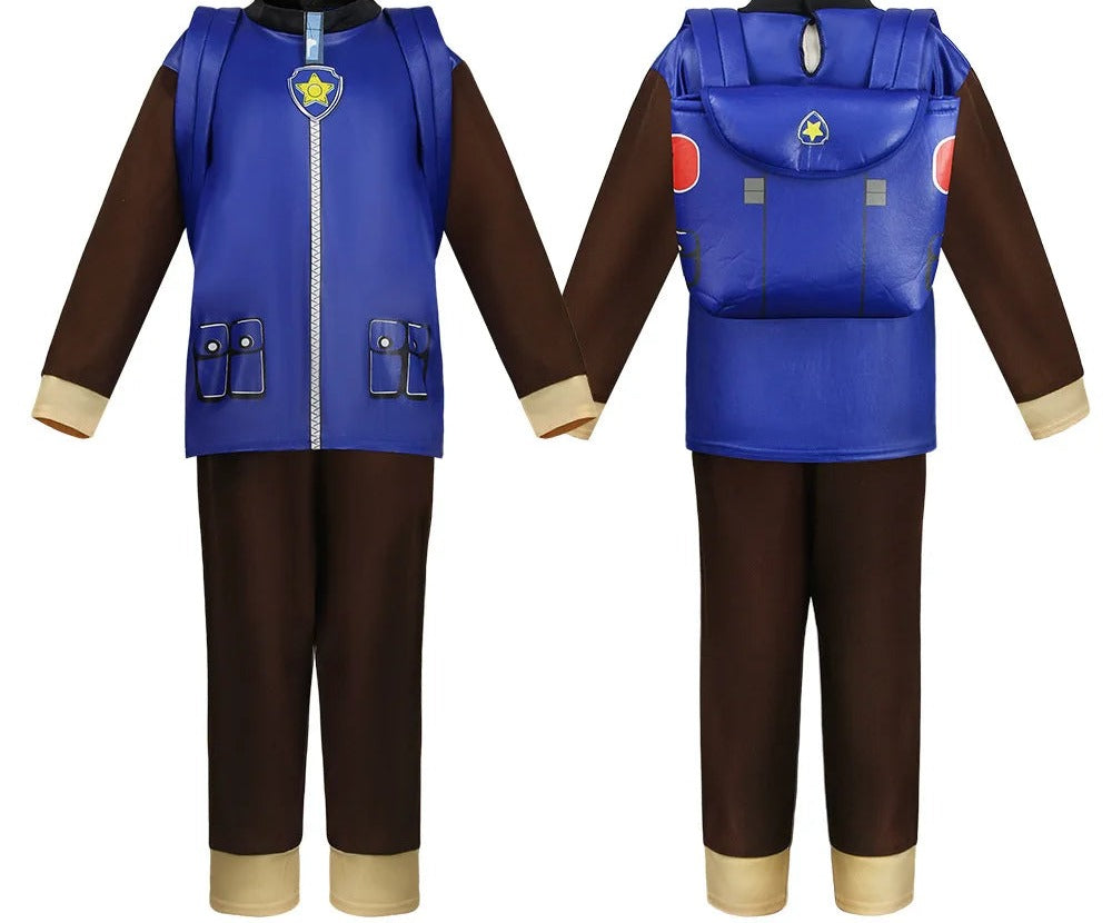 Ensemble déguisement policier : veste bleue zippée, pantalon marron et sac banane