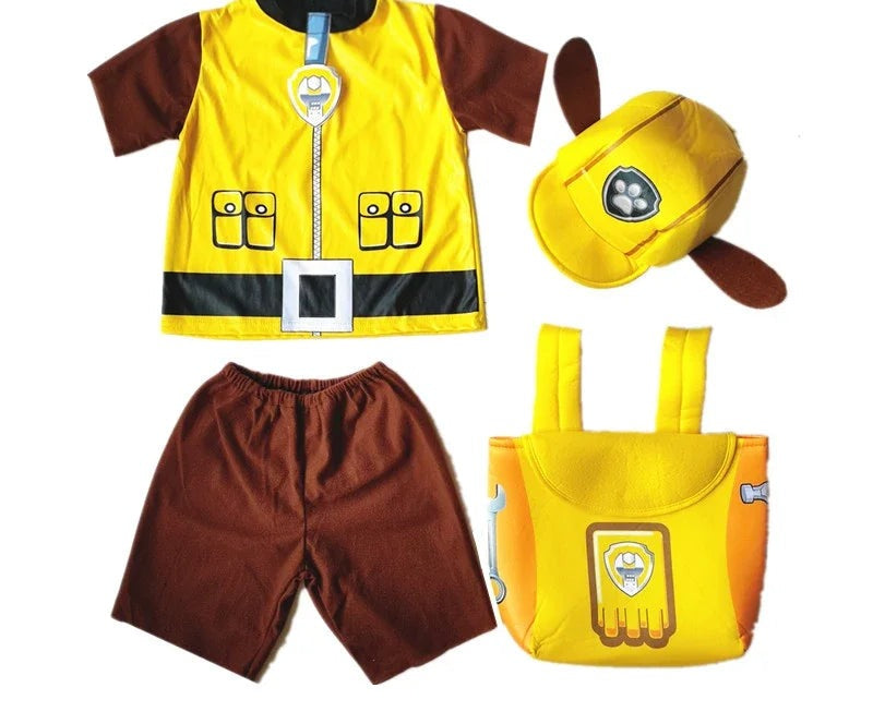 Déguisement Pat Patrouille Ruben du chantier : veste jaune, short marron, chapeau, sac