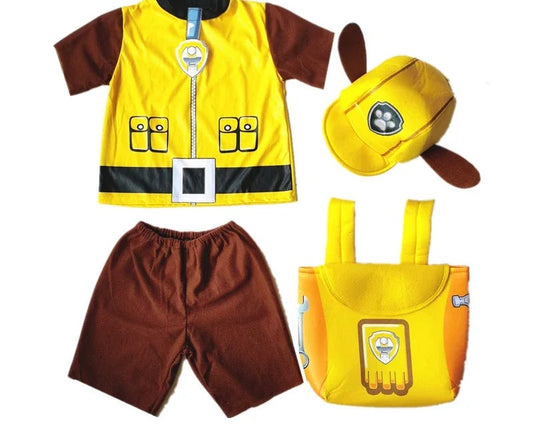 Déguisement Pat Patrouille Ruben du chantier : veste jaune, short marron, chapeau, sac