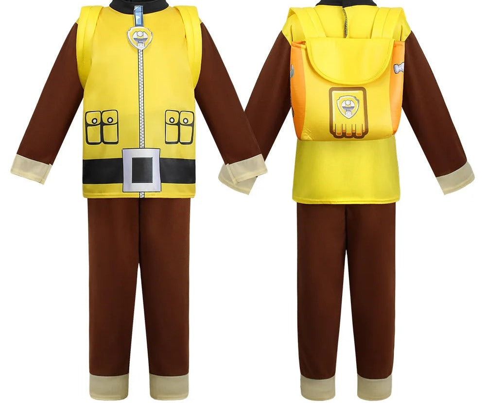 Déguisement Pat Patrouille Ruben du chantier : veste zippée jaune, pantalon marron, sac