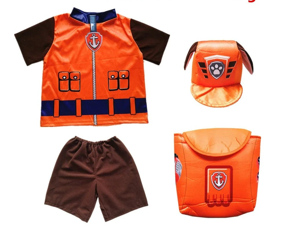 Déguisement enfant Zuma : veste orange, manches marron, short marron, casquette orange
