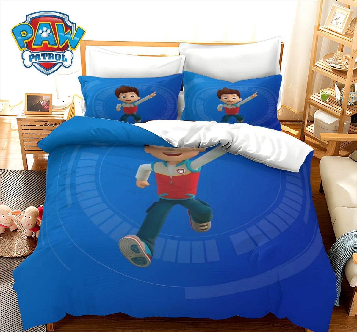 Parure de lit enfant bleue avec motif Ryder, housse de couette et oreillers