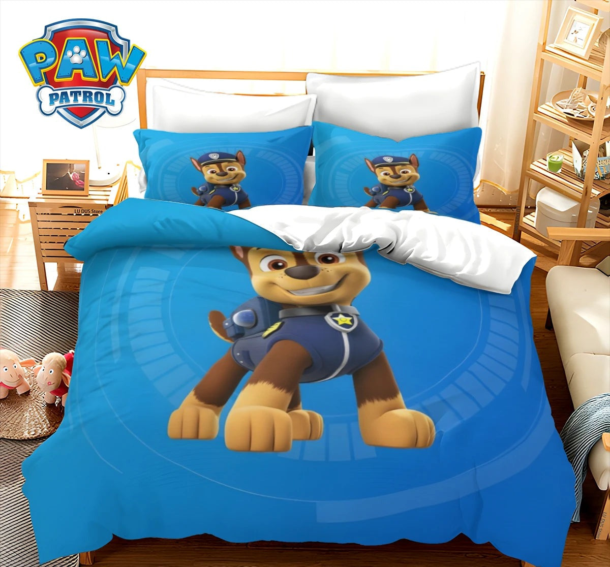 Parure de lit enfant bleue avec Chase, housse de couette et 2 taies d’oreiller