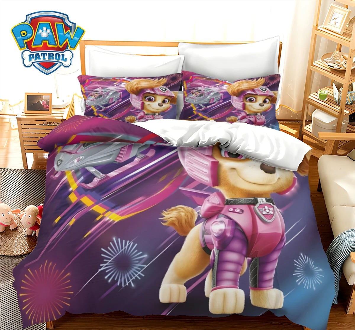 Parure de lit Pat Patrouille violette, chiots et fusées, étoiles