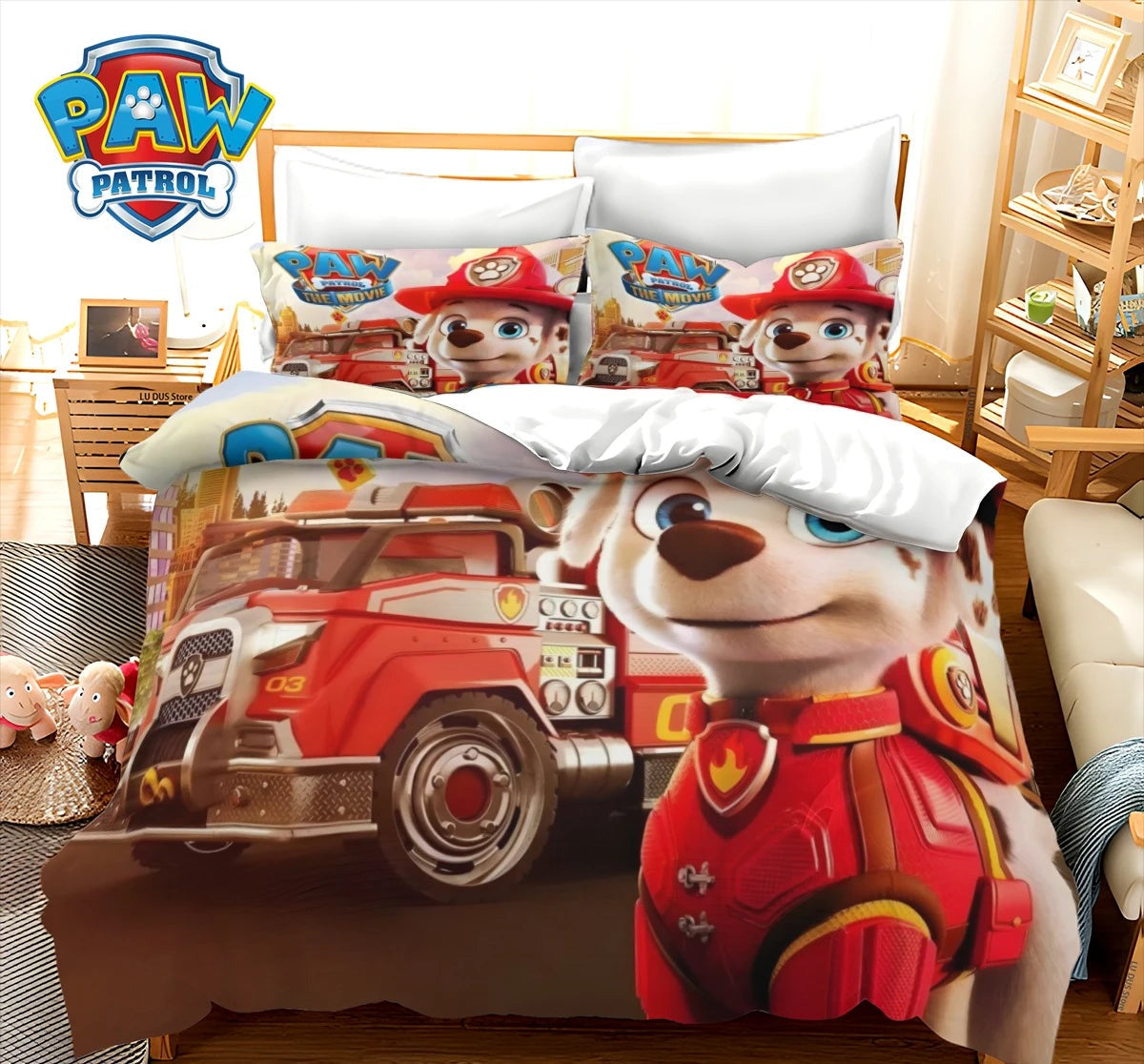 Parure de lit enfant Pat Patrouille : housse motif Marcus camion de pompier rouge