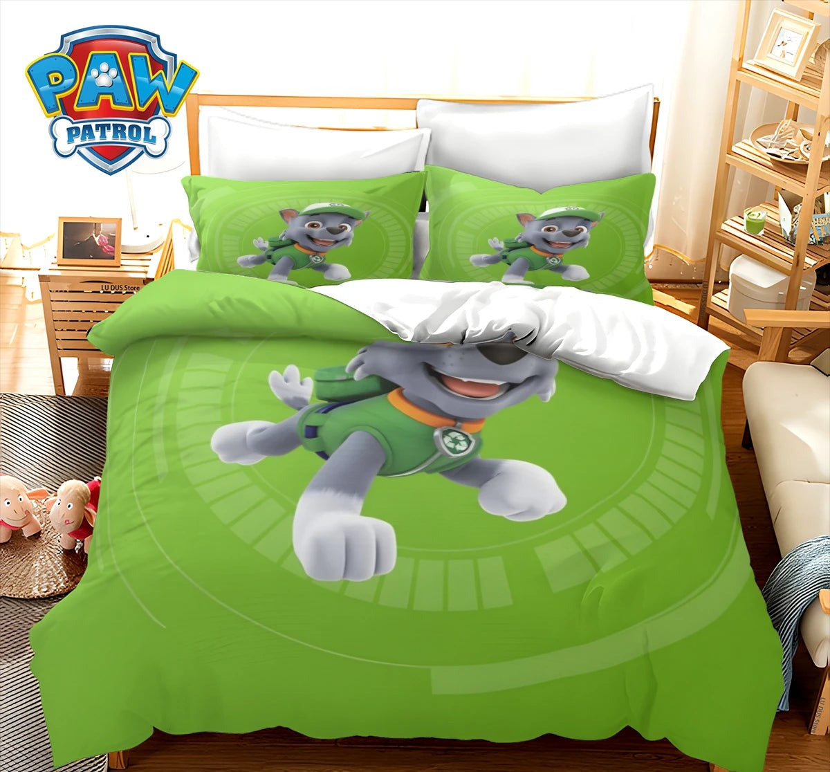 Parure de lit enfant verte avec motif Rocky et taies d’oreiller assorties