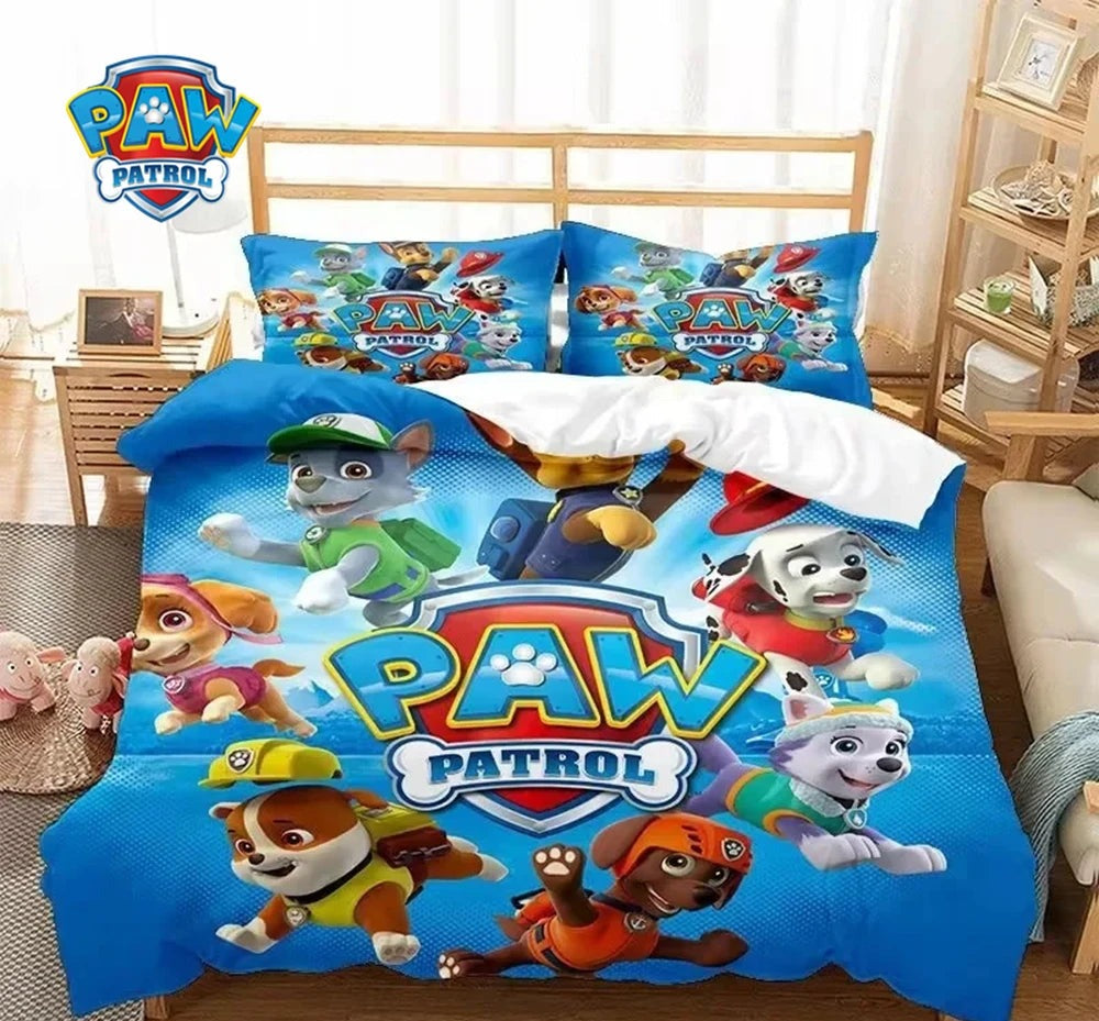 Parure de lit bleue avec personnages animés et logo PAW PATROL, housse de couette et oreillers