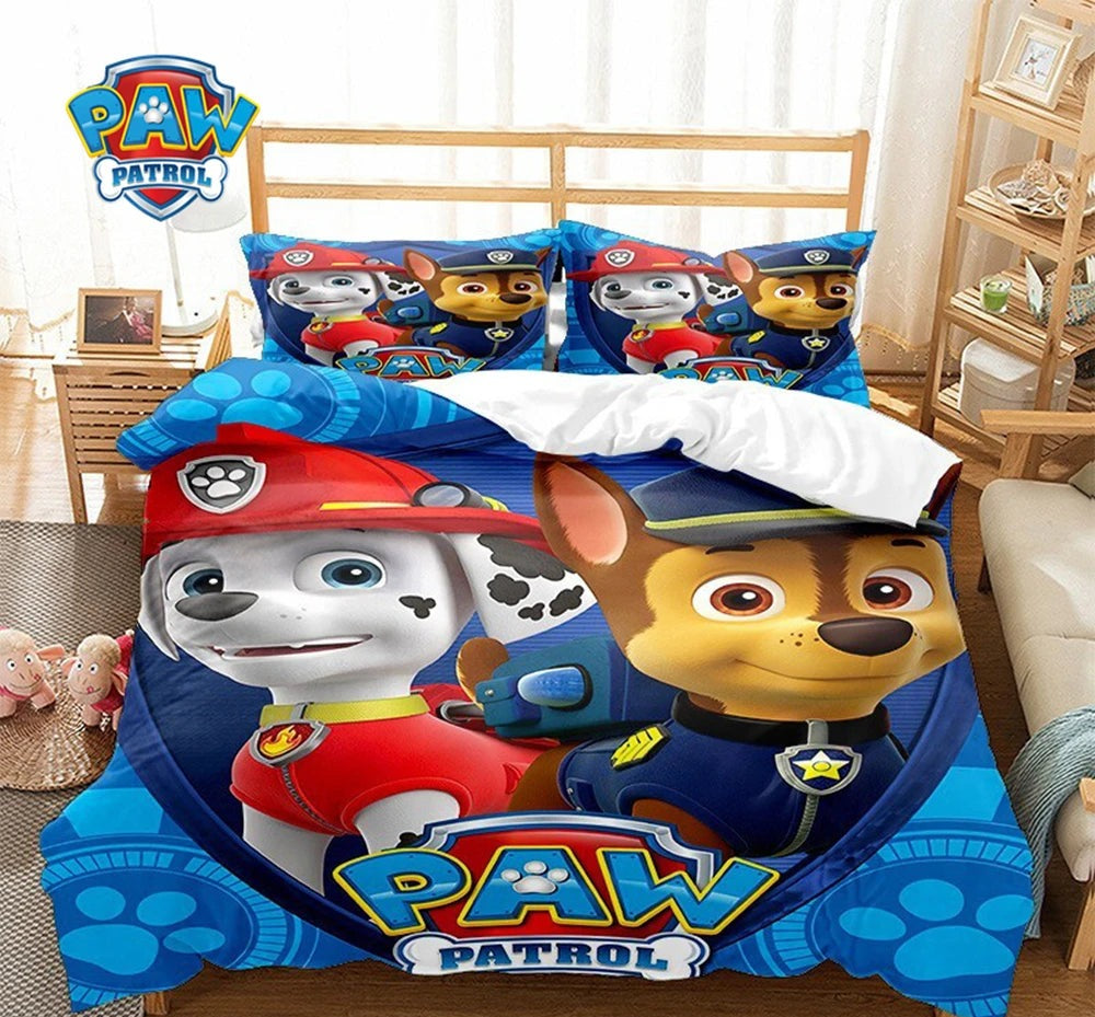 Parure de lit enfant en tissu bleu avec motifs Pat’Patrouille Marcus et Chase