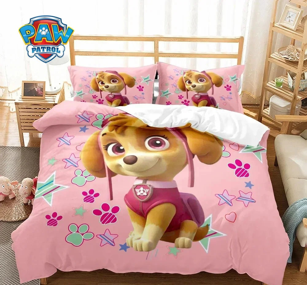 Parure de lit Pat' Patrouille rose pastel avec chien Stella, empreintes et étoiles sur housse et taies