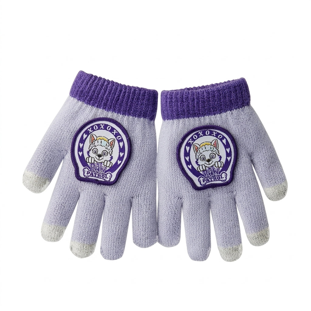 Gants cinq doigts Pat' Patrouille gris et violet, bouts tactiles, écusson d'Everest