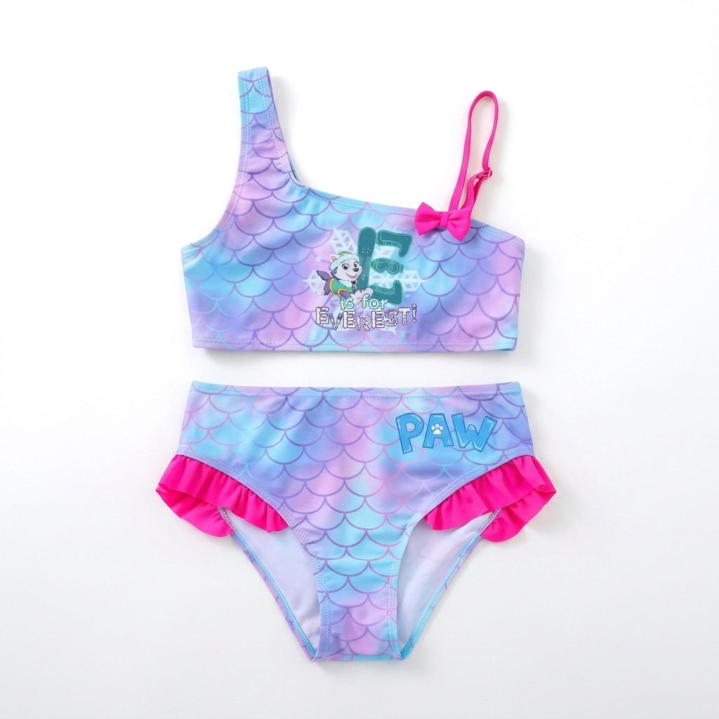 Ensemble maillot de bain fille motif écailles bleu-violet, bretelles fuchsia, culotte assortie
