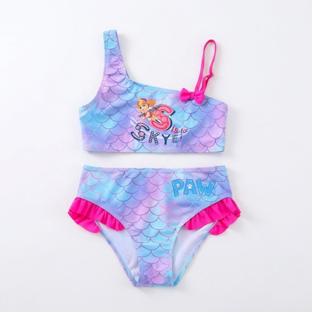 Maillot de bain fille à motif écailles lilas et bleu, bretelles nouées, slip rose