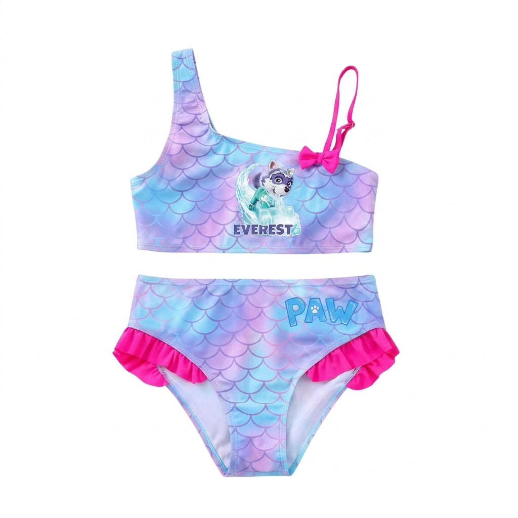 Maillot de bain fille à motifs écailles bleu et violet, bretelles roses et imprimé Everest
