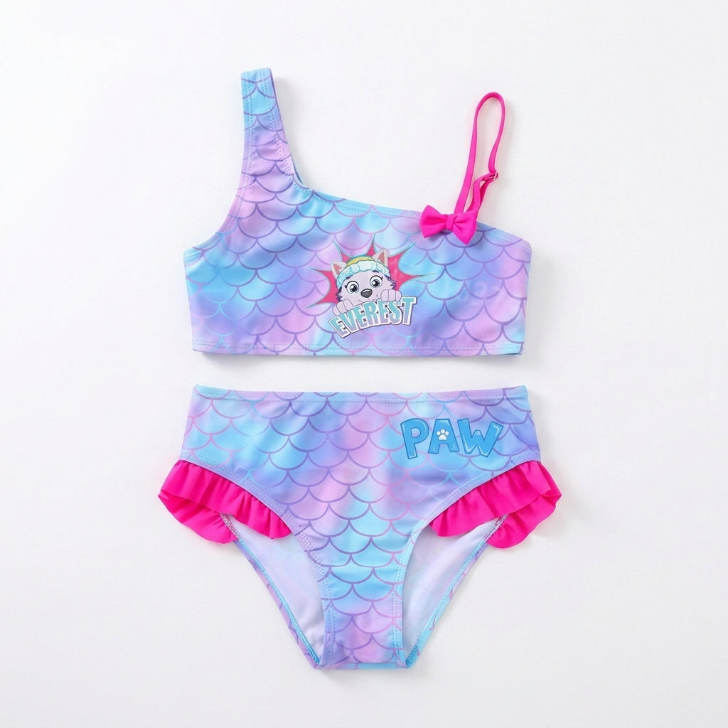 Maillot de bain fille 2 pièces à motif écailles lilas, haut à bretelles roses