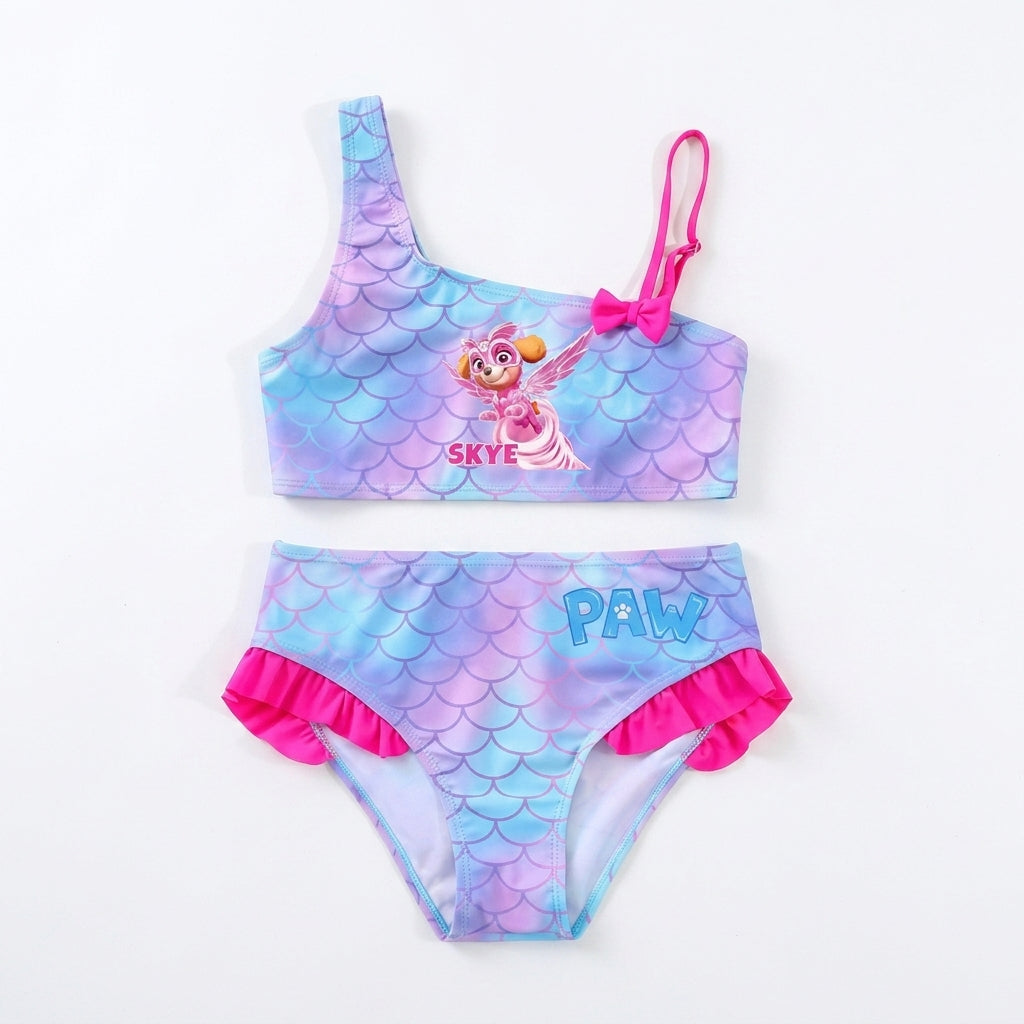 Maillot de bain fille violet à motifs écailles, bretelles roses, imprimé Sky