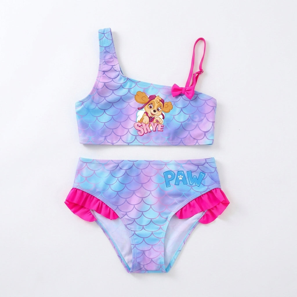Maillot de bain fille deux pièces motif écailles bleu clair, bretelles à nouer et culotte