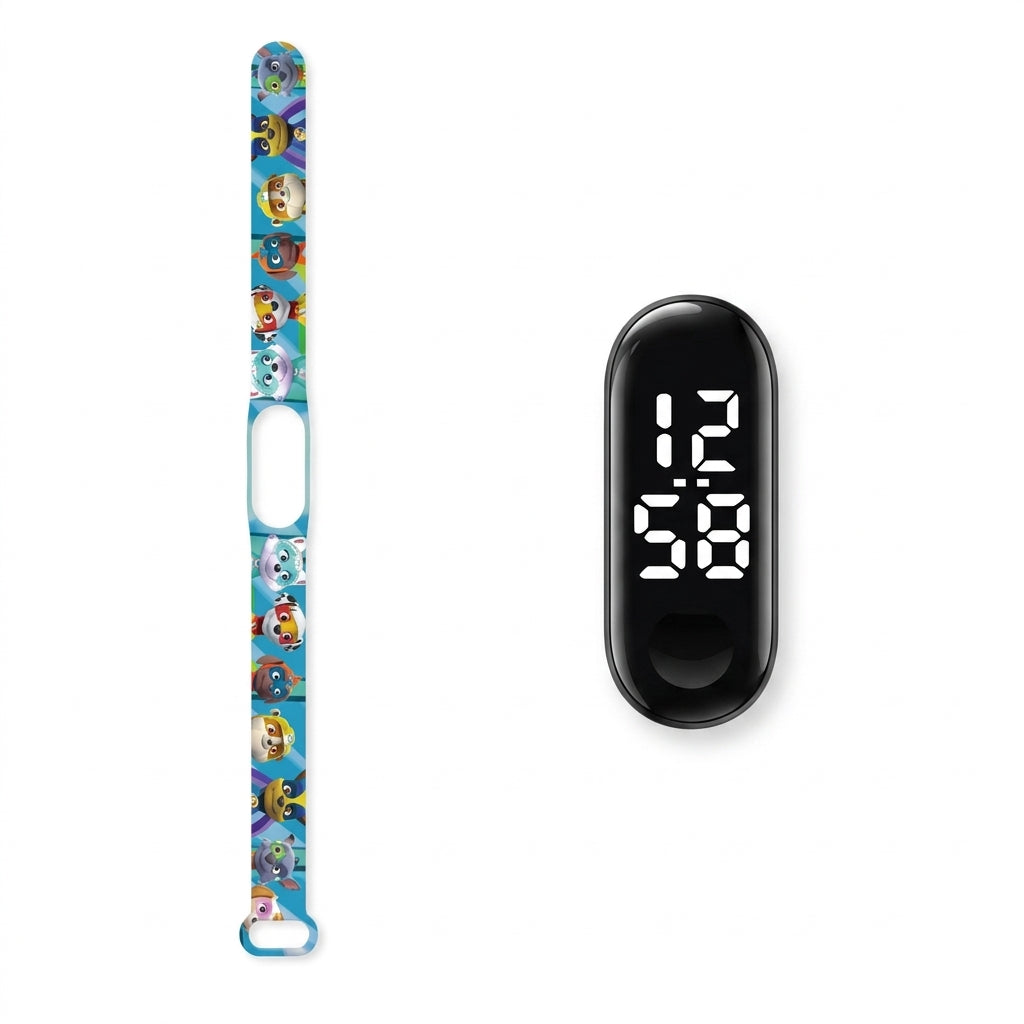 Montre LED Pat' Patrouille pour enfant à cadran tactile, bracelet bleu imprimé des chiots