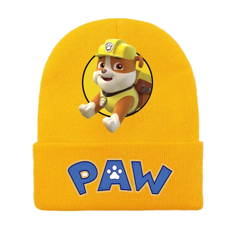 Bonnet Pat Patrouille jaune en maille avec motif chiot et logo PAW