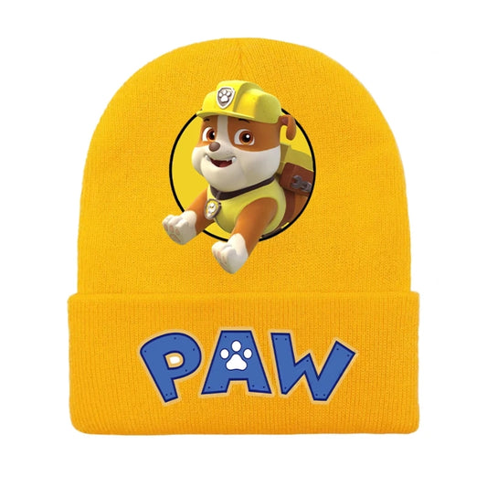 Bonnet Pat Patrouille jaune en maille avec motif chiot et logo PAW