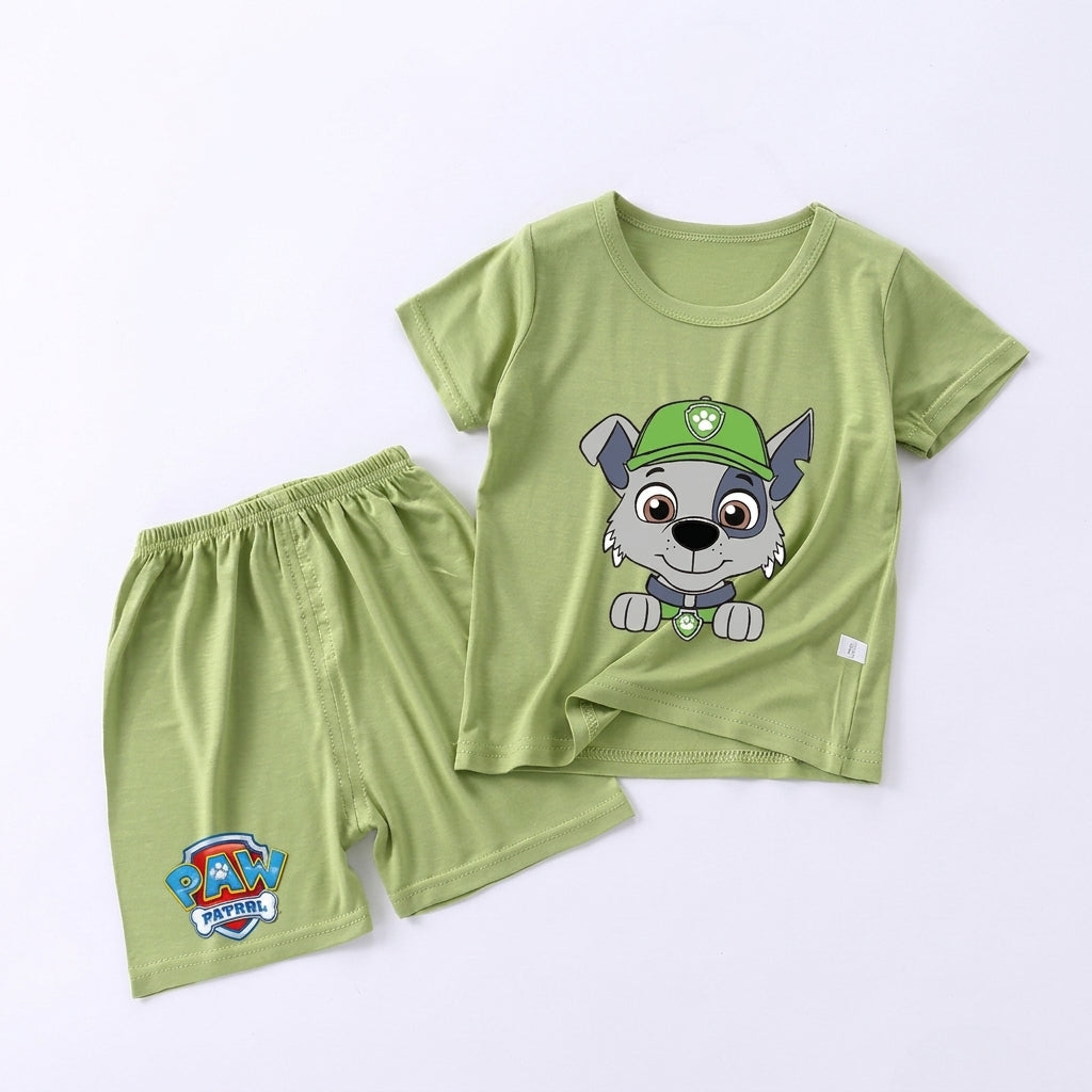 Pyjama enfant Pat' Patrouille vert motif Rocky, porté par un enfant